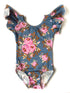 Navy & Pink Floral Flutter Sleeve Leotard